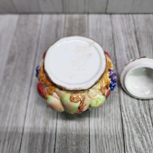 Vintage Painted Jam Jar Fruits and Fall Leaves Design Ceramic with Lid 5.5" Tall - Picture 6 of 8